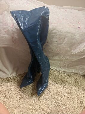 Vince Camuto Navy Patent Pointed-Toe Over-the-Knee Boots Minnada